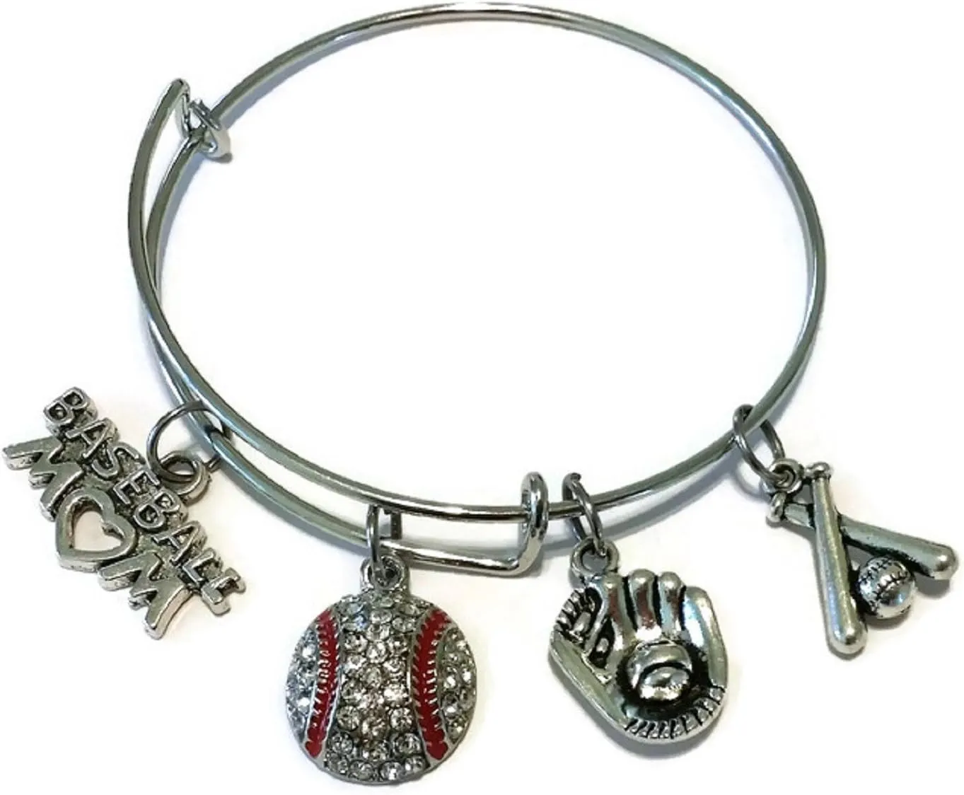 Kit's Kiss Baseball Bracelet, Baseball Jewelry, Baseball Mom Bracelet, Sports Bracelet, Baseball Charm, Baseball Bats Charm, Baseball Gloves Charm, Wire Bracelet, Bangle Bracelet