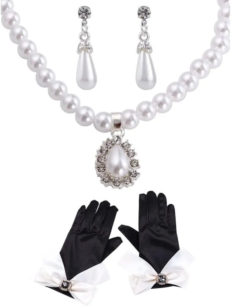 Kopida Bridal Jewelry Sets Alloy Hook Pearl Dangle Earrings Rhinestone Necklace Sets Wedding Bridal Gloves Bow Diamond Party Dress Gloves Satin Elastic Mittens
