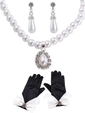 Kopida Bridal Jewelry Sets Alloy Hook Pearl Dangle Earrings Rhinestone Necklace Sets Wedding Bridal Gloves Bow Diamond Party Dress Gloves Satin Elastic Mittens