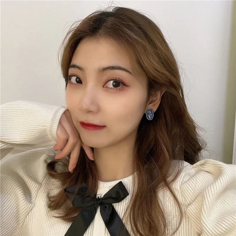 Korean Asymmetric Blue White Geometric Round Disc Earrings