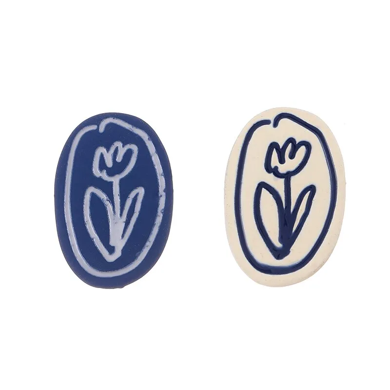 Korean Asymmetric Blue White Geometric Round Disc Earrings