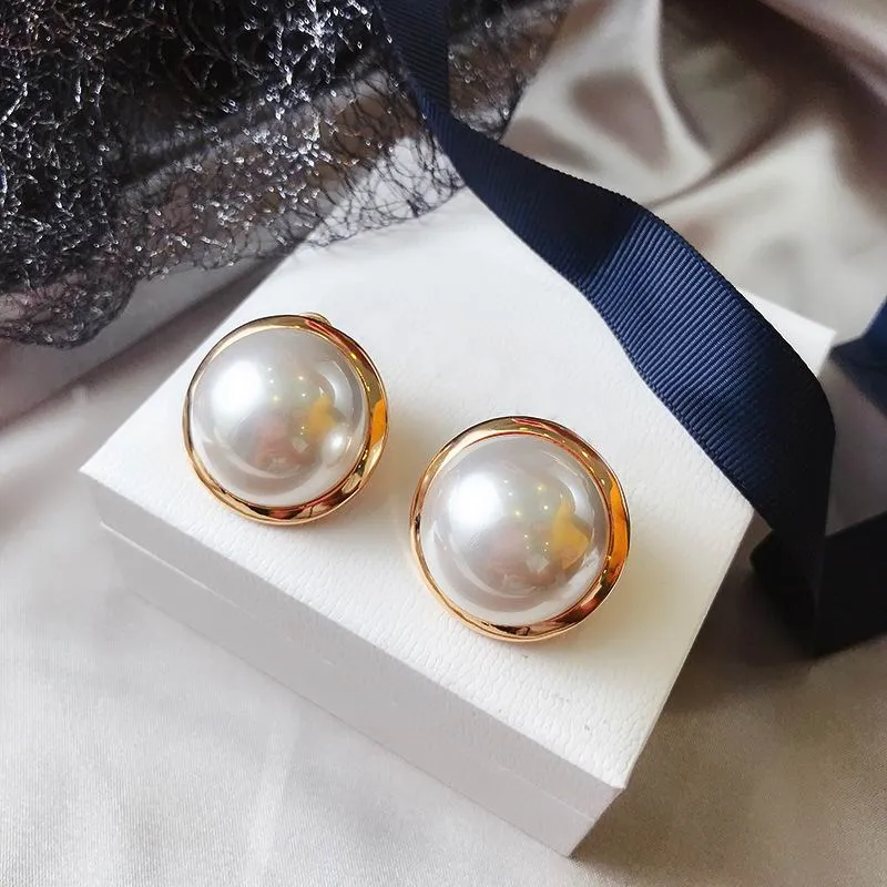 Korean Big Round Simulated Pearl Stud Earrings For Women