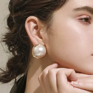 Korean Big Round Simulated Pearl Stud Earrings For Women