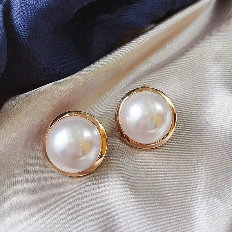 Korean Big Round Simulated Pearl Stud Earrings For Women