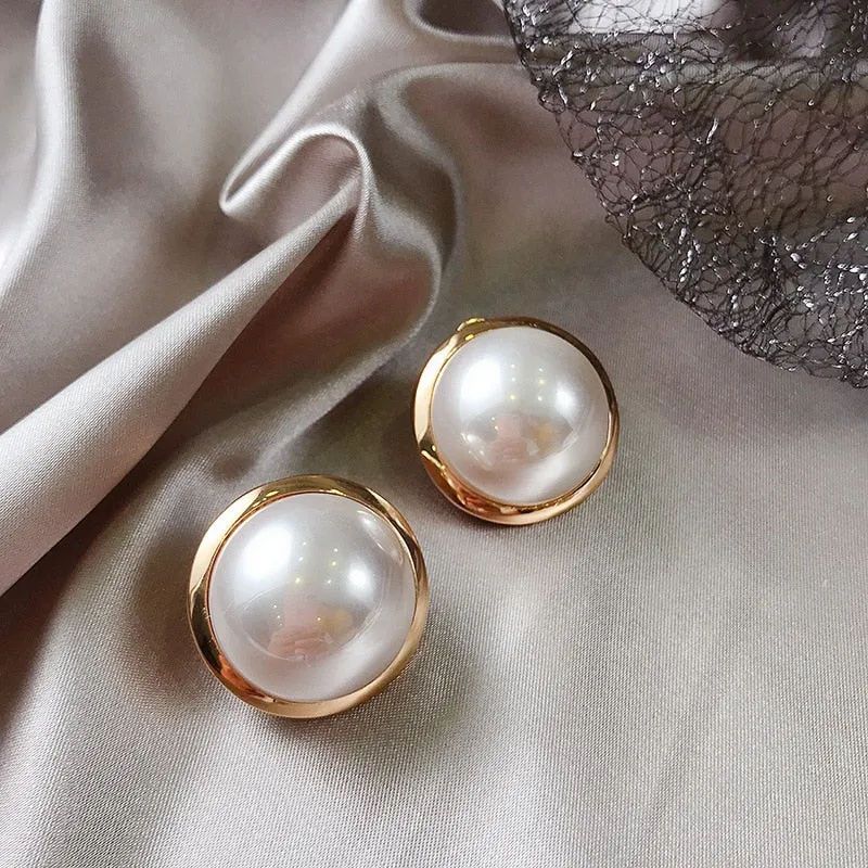 Korean Big Round Simulated Pearl Stud Earrings For Women