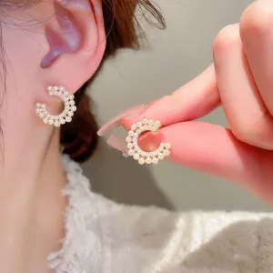 Korean Cute Elegant Pearl C Shape Stud Earrings For Women
