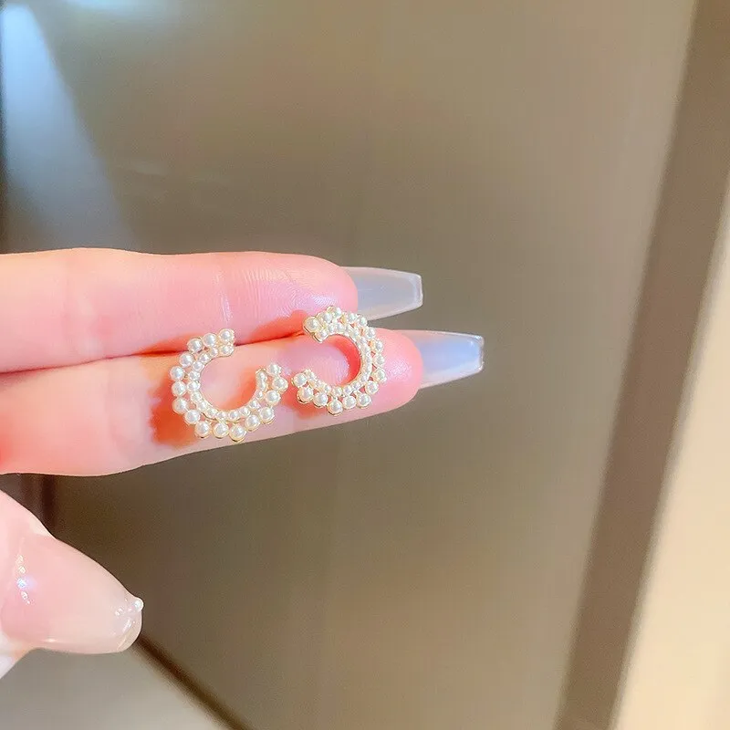 Korean Cute Elegant Pearl C Shape Stud Earrings For Women