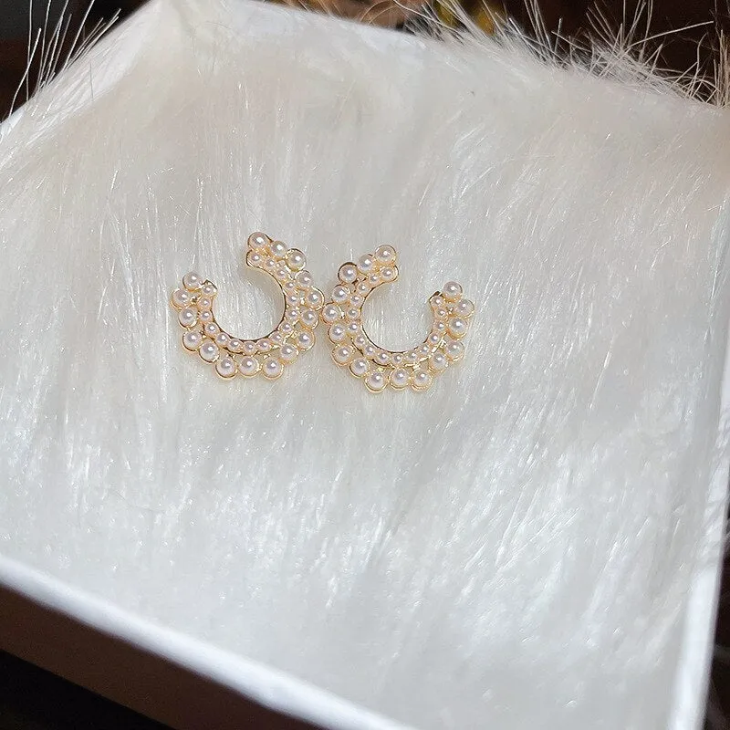 Korean Cute Elegant Pearl C Shape Stud Earrings For Women