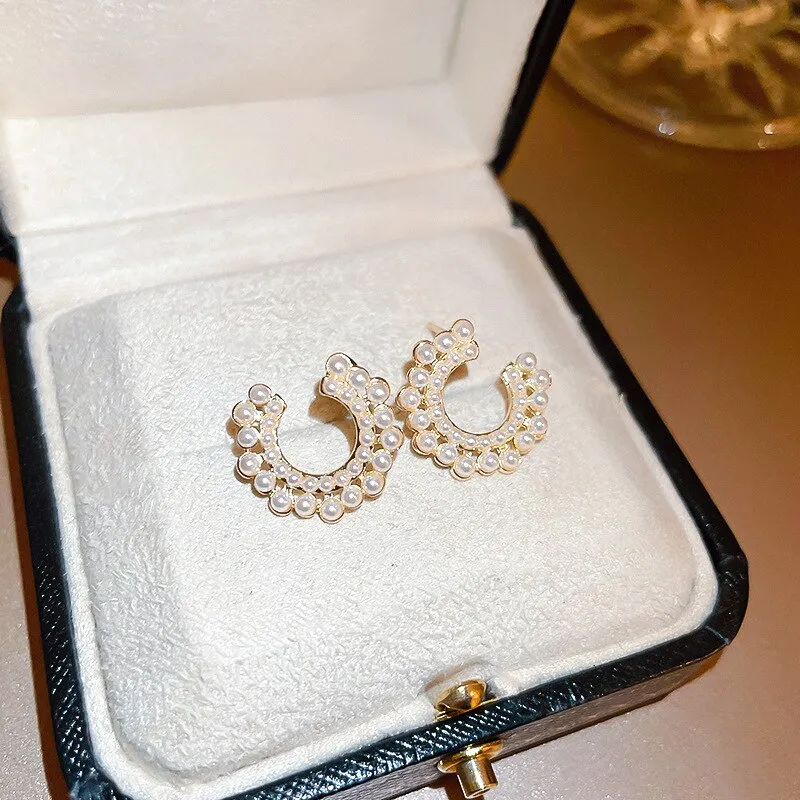 Korean Cute Elegant Pearl C Shape Stud Earrings For Women