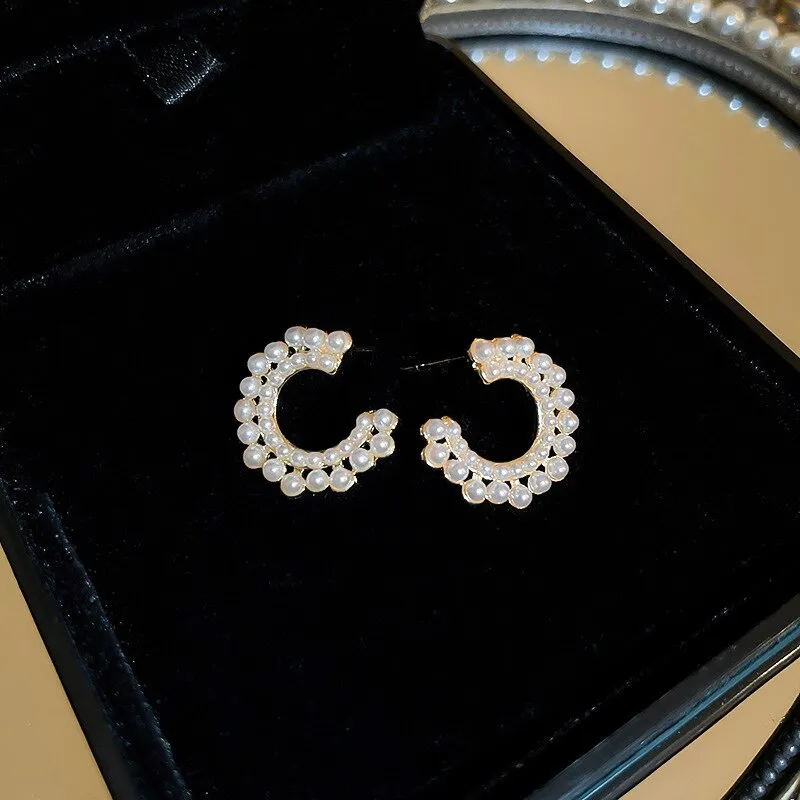 Korean Cute Elegant Pearl C Shape Stud Earrings For Women