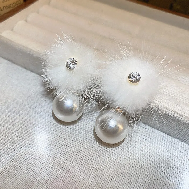 Korean Cute Sweet White Fur Pompon Ball Drop Earrings For Women