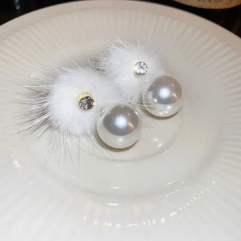 Korean Cute Sweet White Fur Pompon Ball Drop Earrings For Women