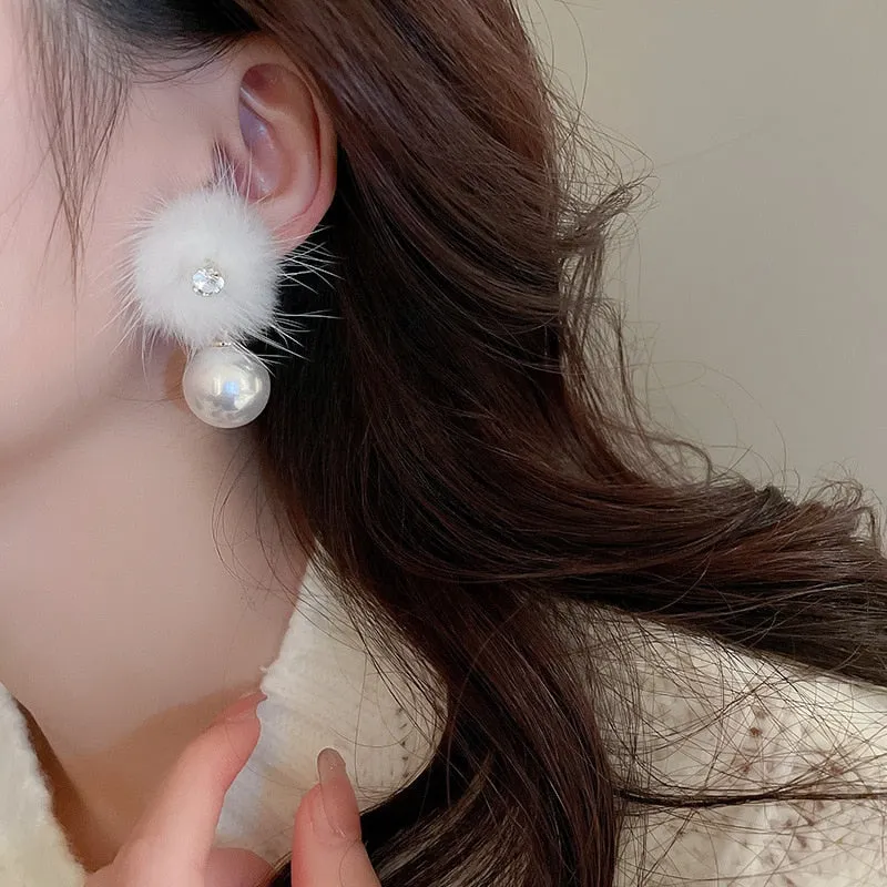 Korean Cute Sweet White Fur Pompon Ball Drop Earrings For Women