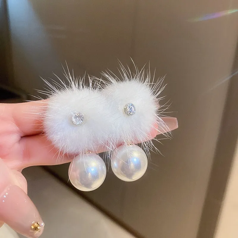 Korean Cute Sweet White Fur Pompon Ball Drop Earrings For Women