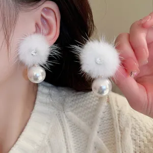 Korean Cute Sweet White Fur Pompon Ball Drop Earrings For Women
