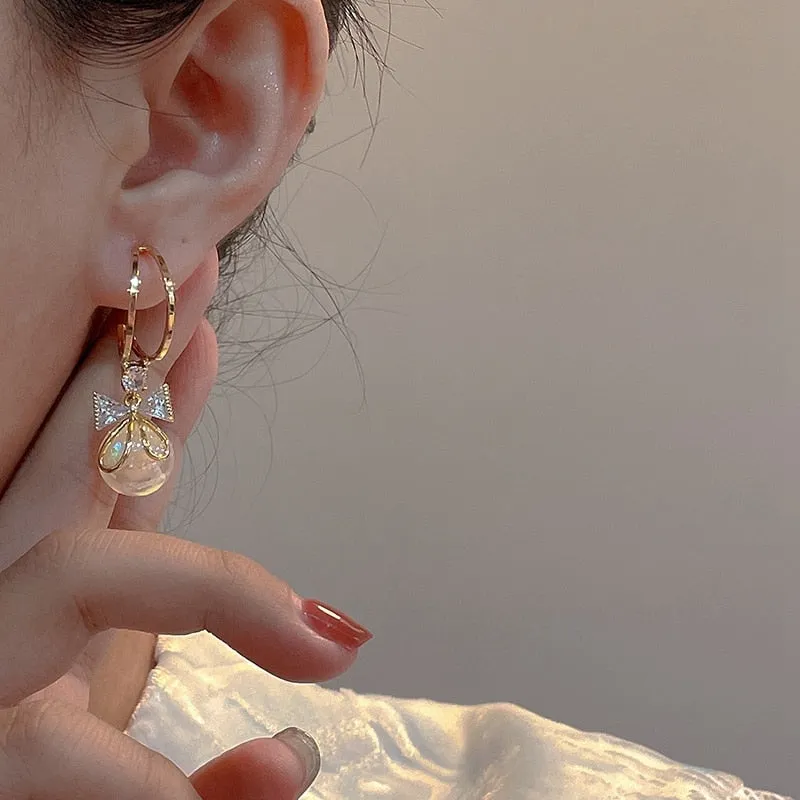 Korean Cute Zircon Bowknot Drop Earrings For Women