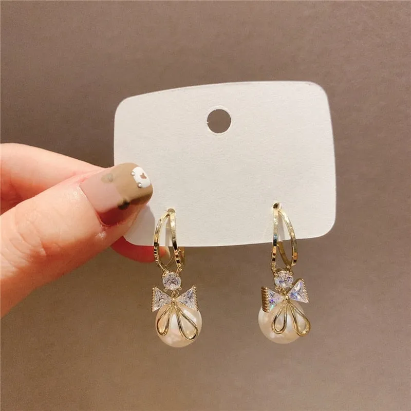 Korean Cute Zircon Bowknot Drop Earrings For Women