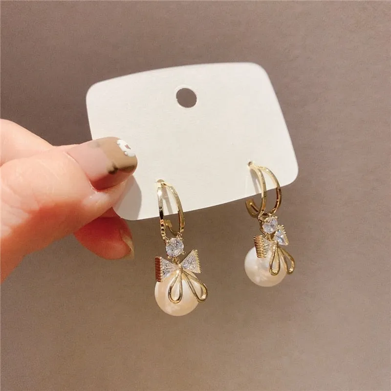 Korean Cute Zircon Bowknot Drop Earrings For Women