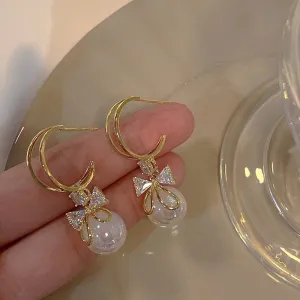 Korean Cute Zircon Bowknot Drop Earrings For Women