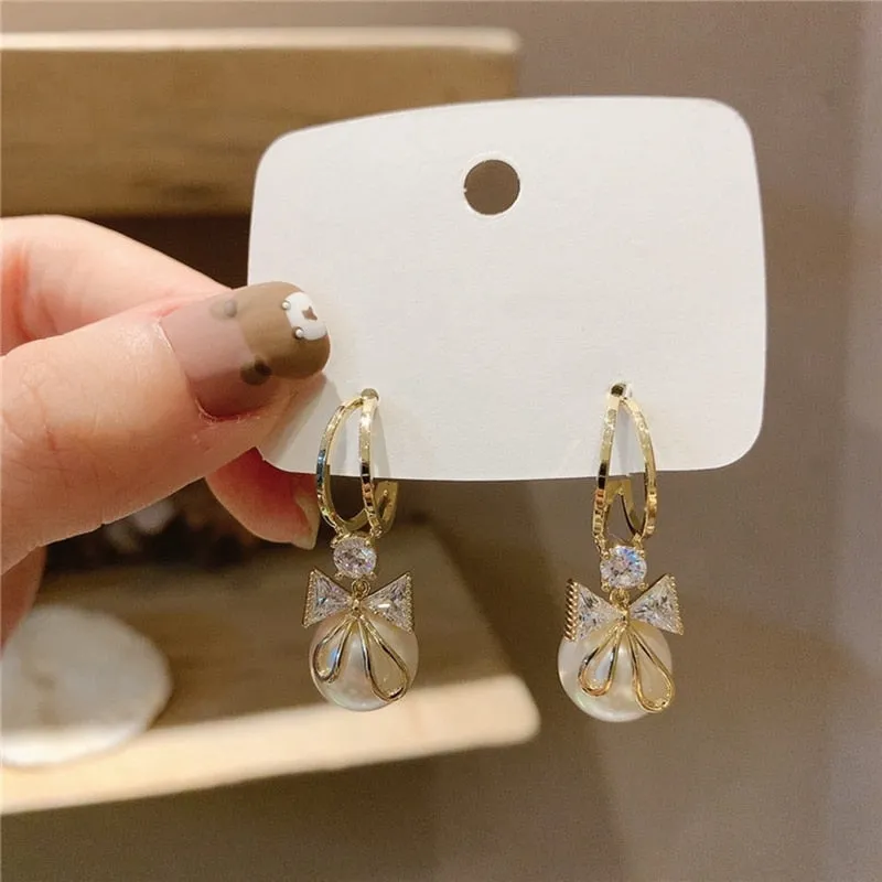 Korean Cute Zircon Bowknot Drop Earrings For Women