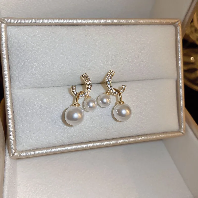 Korean Delicate C Shaped Zircon Drop Earrings For Women