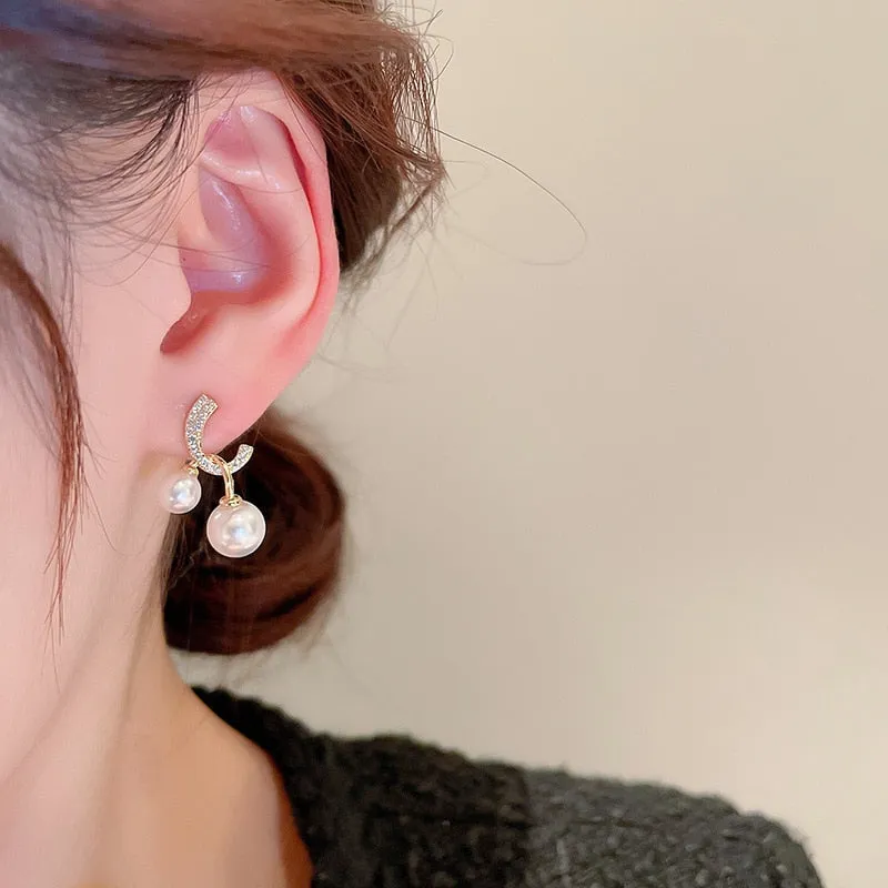 Korean Delicate C Shaped Zircon Drop Earrings For Women