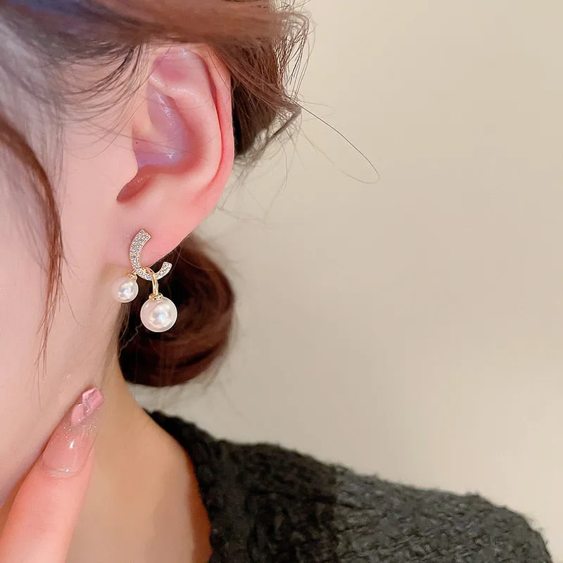 Korean Delicate C Shaped Zircon Drop Earrings For Women