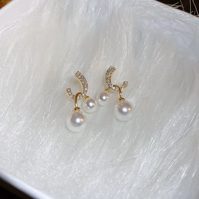 Korean Delicate C Shaped Zircon Drop Earrings For Women