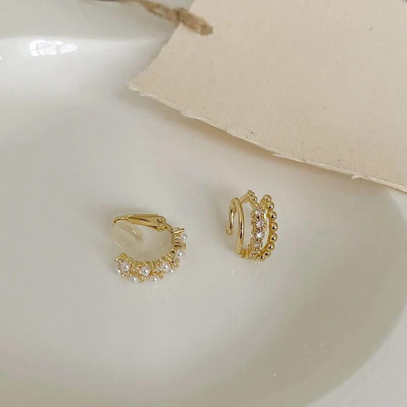 Korean Delicate ZirconCircle Clip Earrings For Women Girls Elegant Pearl No Piercing