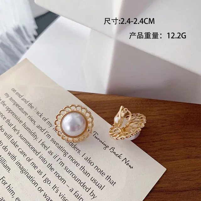 Korean Design Elegant Simulated Pearl Big Round Clip on Earrings