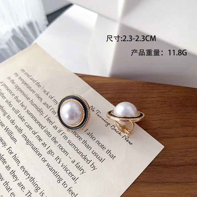 Korean Design Elegant Simulated Pearl Big Round Clip on Earrings