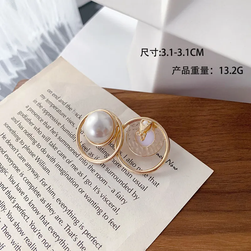 Korean Design Elegant Simulated Pearl Big Round Clip on Earrings