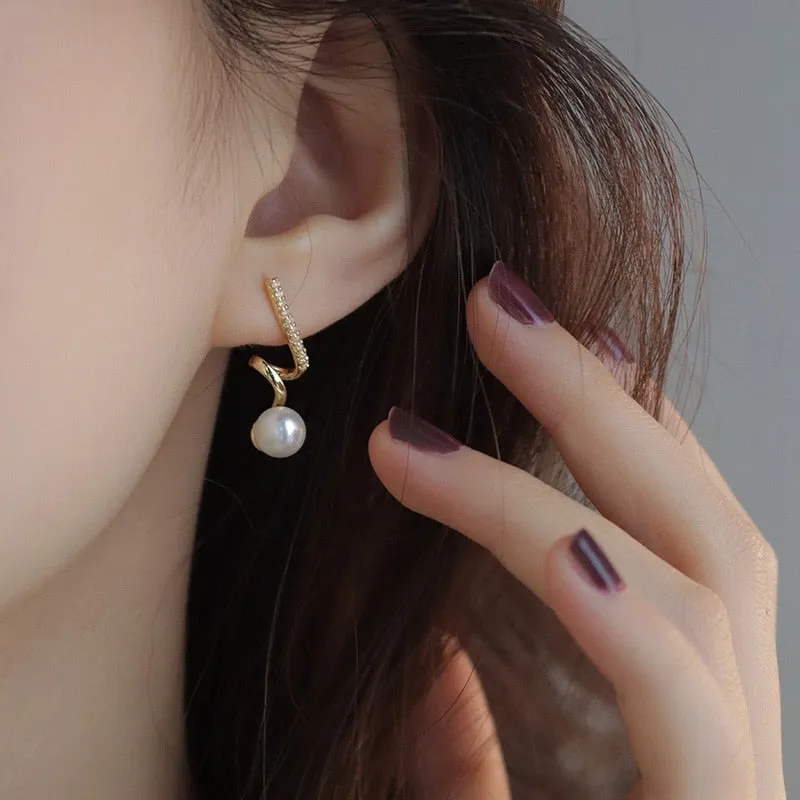 Korean Design Geometric Spiral Pearl Drop Earrings For Women