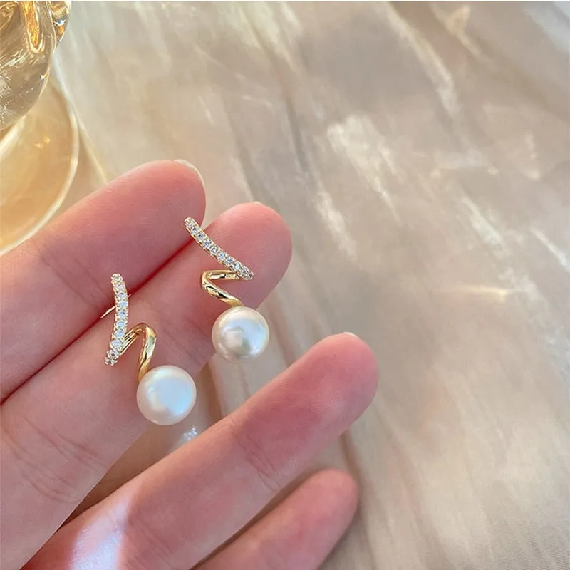 Korean Design Geometric Spiral Pearl Drop Earrings For Women