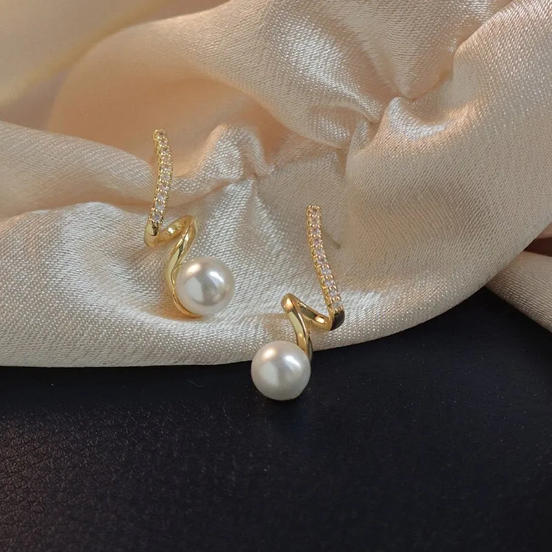 Korean Design Geometric Spiral Pearl Drop Earrings For Women