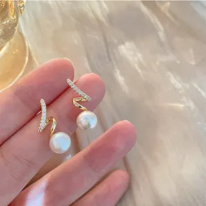 Korean Design Geometric Spiral Pearl Drop Earrings For Women