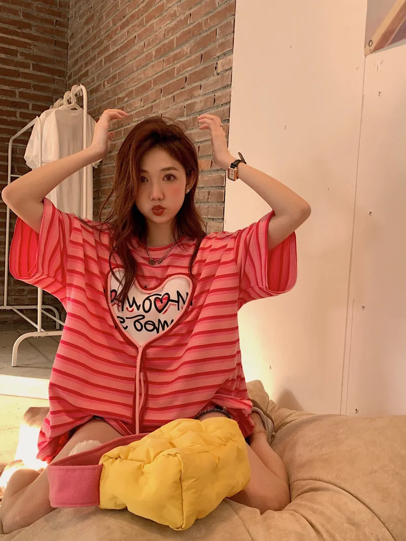 Korean design love 3D gradient stripes tassels heart applique loose fit oversize T shirt Kawaii BF style