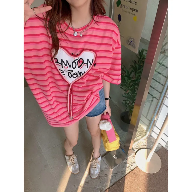 Korean design love 3D gradient stripes tassels heart applique loose fit oversize T shirt Kawaii BF style