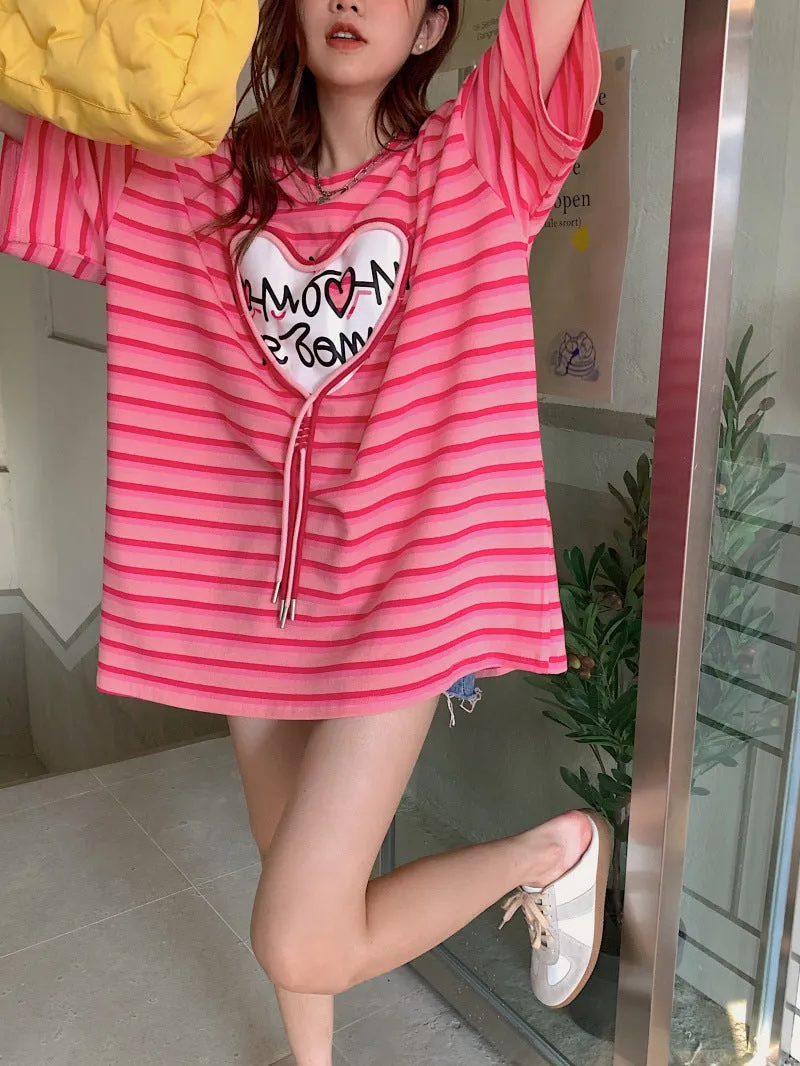 Korean design love 3D gradient stripes tassels heart applique loose fit oversize T shirt Kawaii BF style