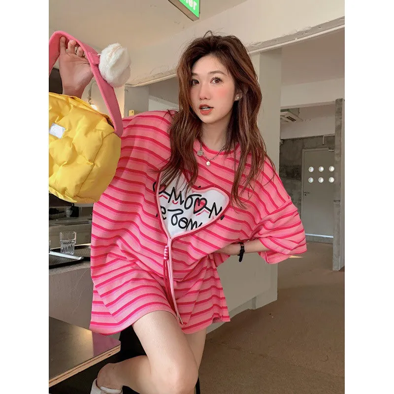 Korean design love 3D gradient stripes tassels heart applique loose fit oversize T shirt Kawaii BF style