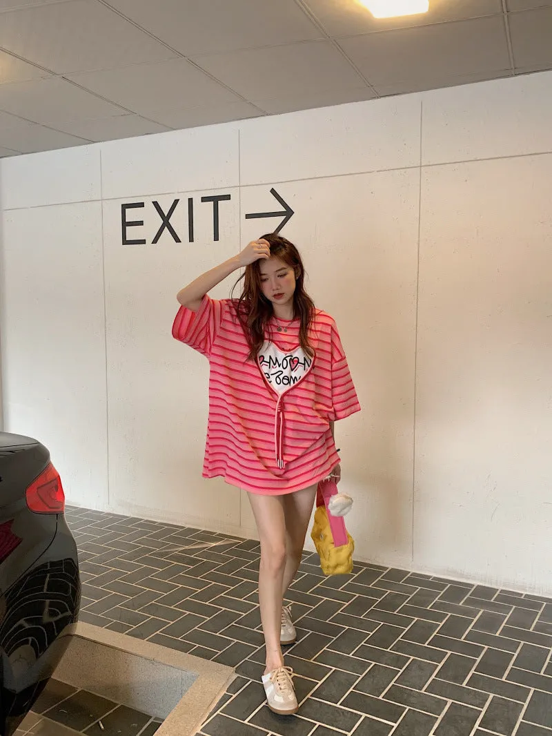Korean design love 3D gradient stripes tassels heart applique loose fit oversize T shirt Kawaii BF style
