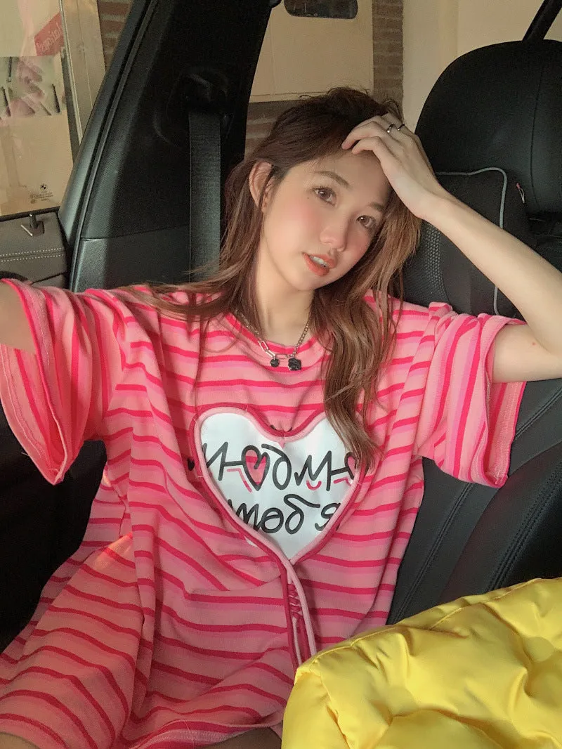 Korean design love 3D gradient stripes tassels heart applique loose fit oversize T shirt Kawaii BF style