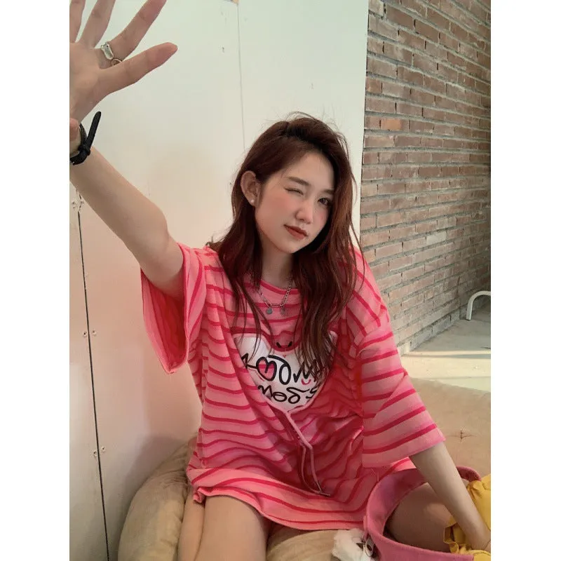 Korean design love 3D gradient stripes tassels heart applique loose fit oversize T shirt Kawaii BF style