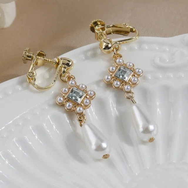 Korean Design Simulated Pearl Screw Clip on Earrings Non Pierced