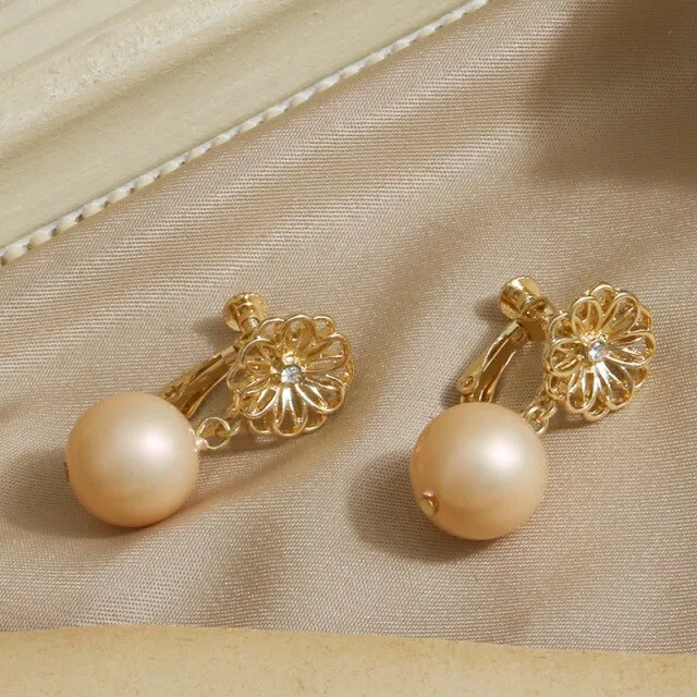 Korean Design Simulated Pearl Screw Clip on Earrings Non Pierced