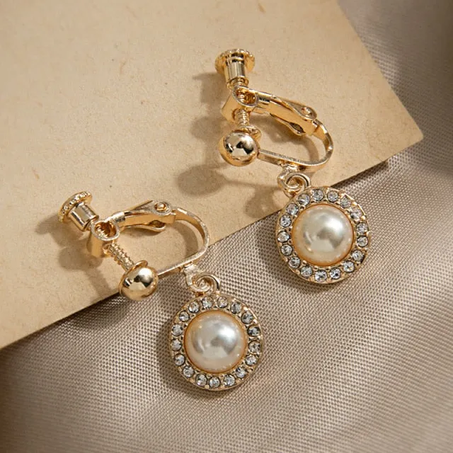 Korean Design Simulated Pearl Screw Clip on Earrings Non Pierced