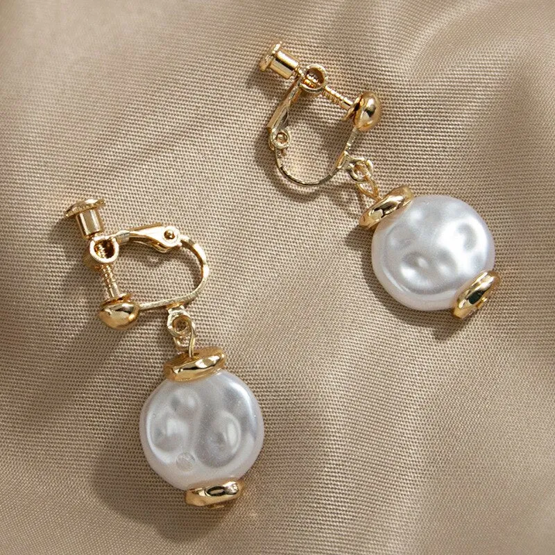 Korean Design Simulated Pearl Screw Clip on Earrings Non Pierced