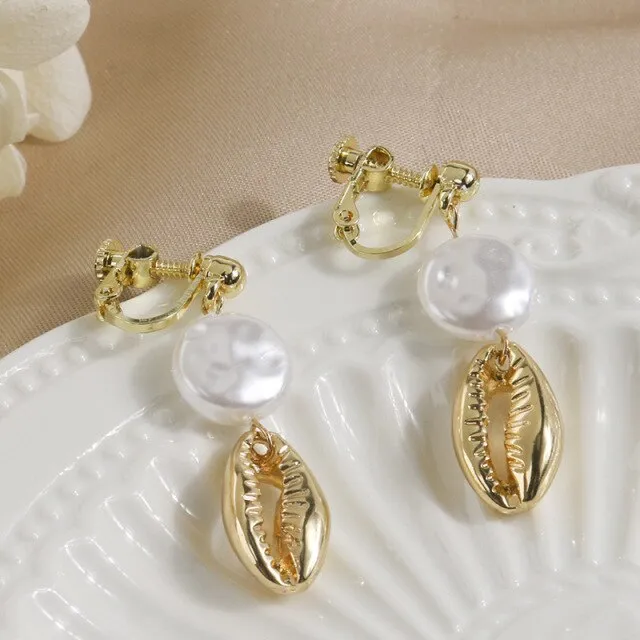 Korean Design Simulated Pearl Screw Clip on Earrings Non Pierced
