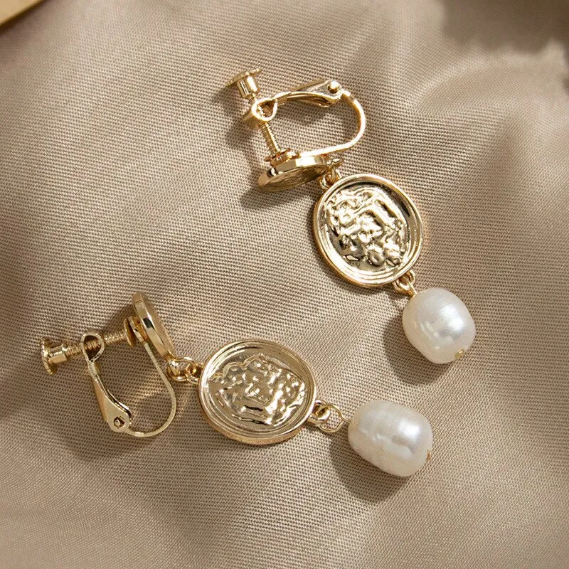 Korean Design Simulated Pearl Screw Clip on Earrings Non Pierced