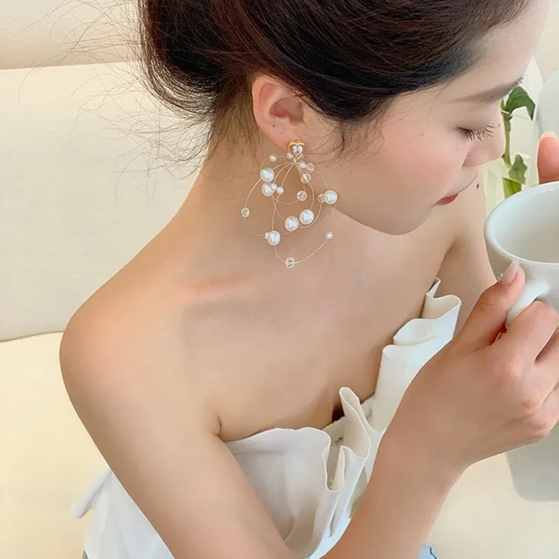 Korean Elegant Fish Line Pearl Beads Tassel Drop Earrings For Women